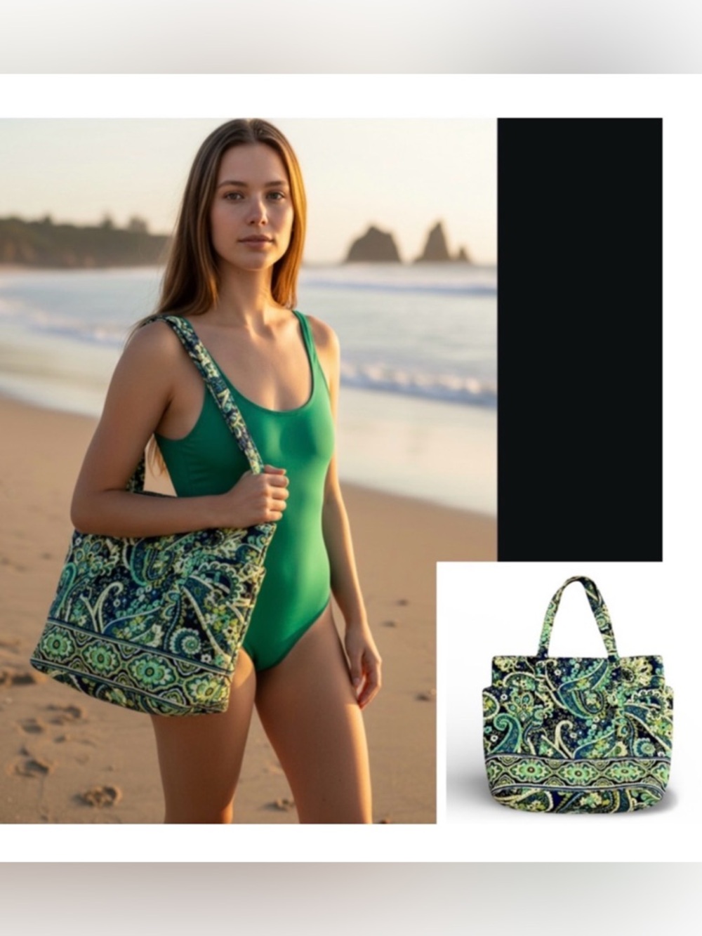 Vera Bradley Tote Bag Cloth Quilted Floral Blue and Green with zipper closure